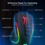 Redragon M612 PRO RGB Gaming Mouse, 8000 DPI Wired/Wireless Optical Mouse with 9 Programmable Buttons & 7 Backlit Modes, BT & 2.4G Wireless, Software Supports DIY Keybinds Rapid Fire Button - Image 4
