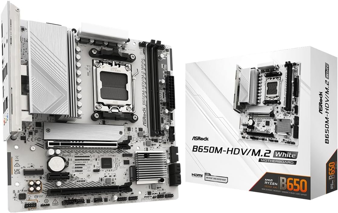 61p37+ESwkL._AC_SL1200_ ASRock B650M-HDV M.2 White Micro-ATX AM5 Motherboard - Image 1
