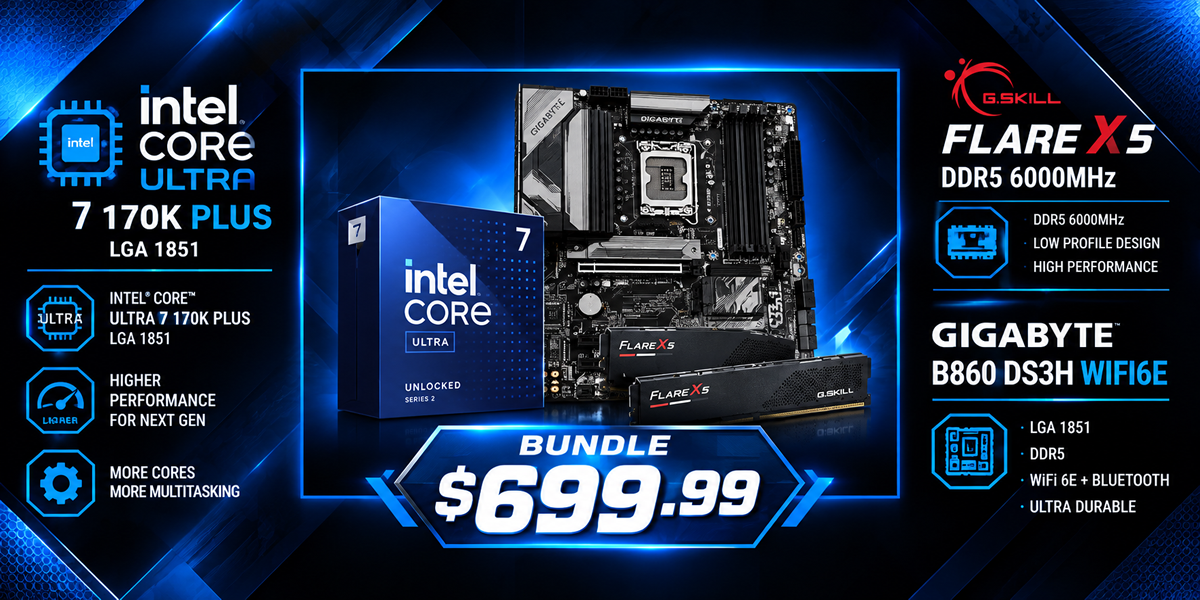 Neon Blue PC Hardware Bundle Ad Bundle CPU+Memory+Motherboard. intel Core Ultra 7 270K Plus, Gskill Flare X5 DDR5 6000 32GB , Gigabyte B860 DS3H - Image 1